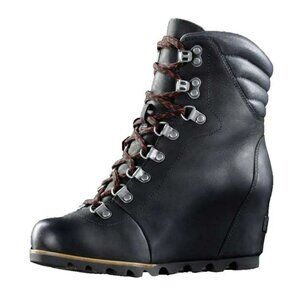 SOREL Conquest Womens Size 7 Black Leather Wedge Heel Lace Up Boots EUC￼
